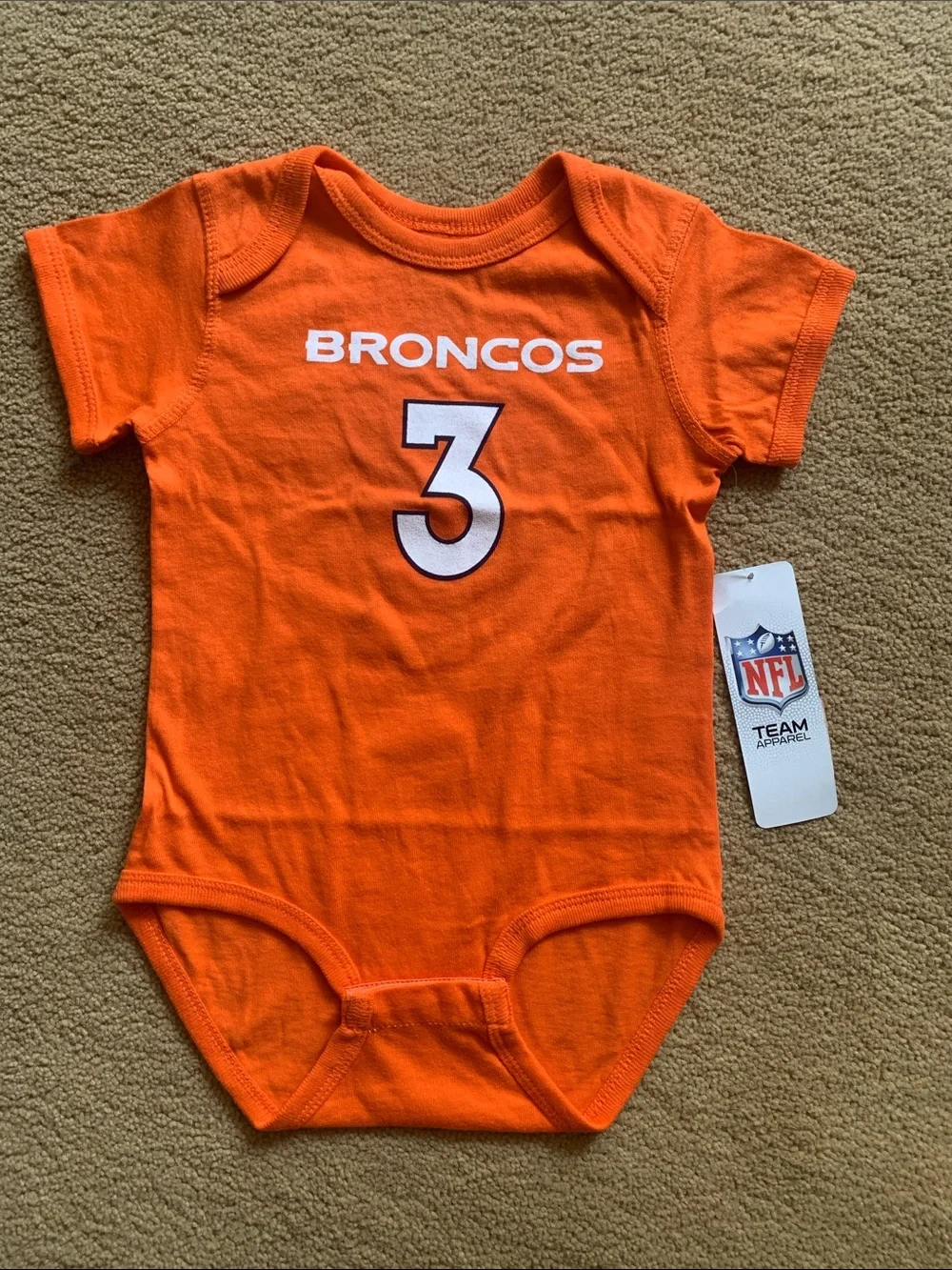 NFL Broncos Orange Infant One-Piece Bodysuit with White Number 3